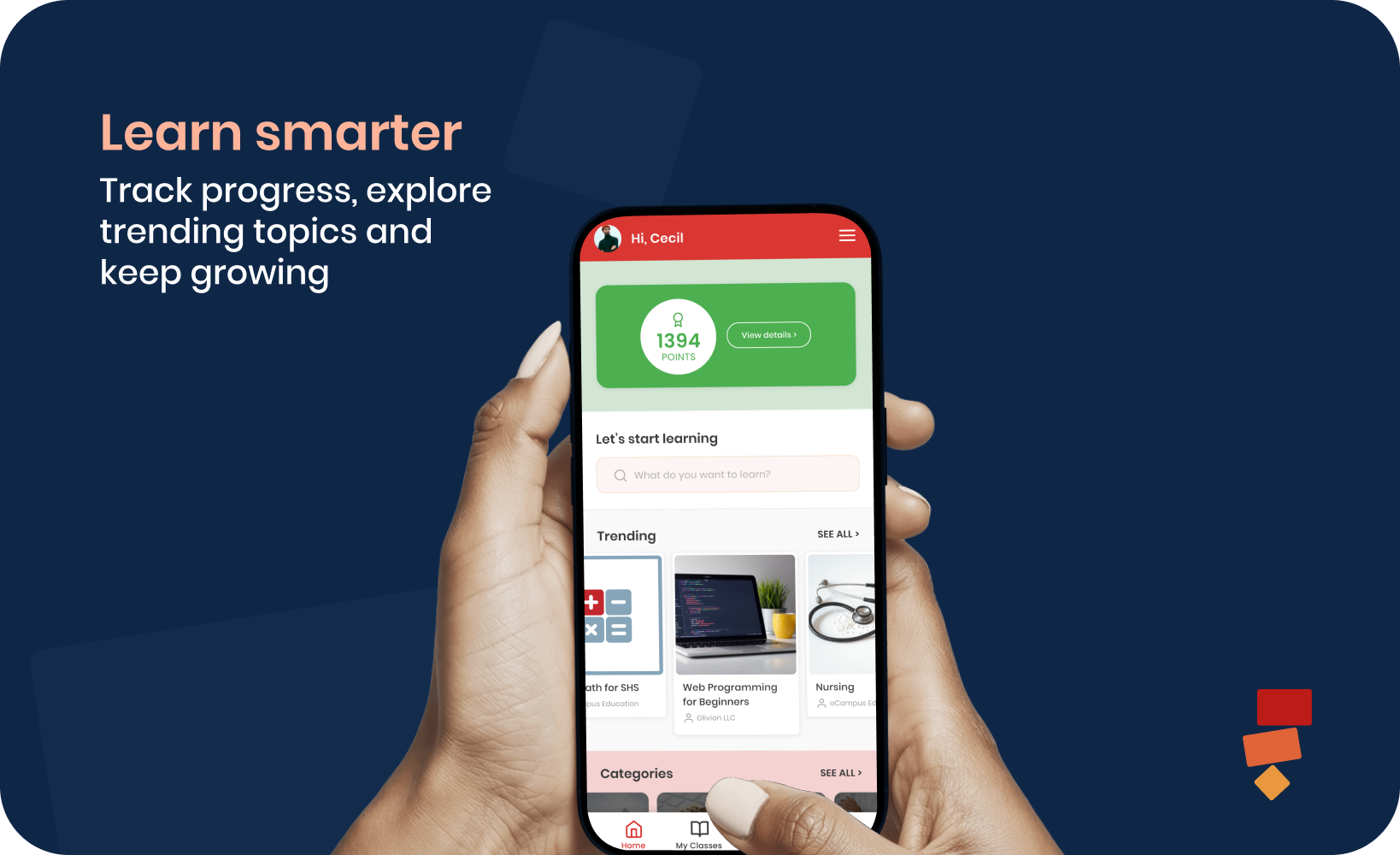 eCampus, learning platform shown on a phone
