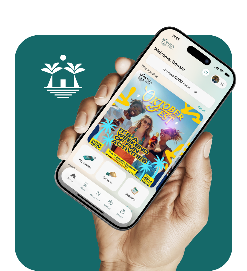 Till's Beach Resort, booking app shown on a phone