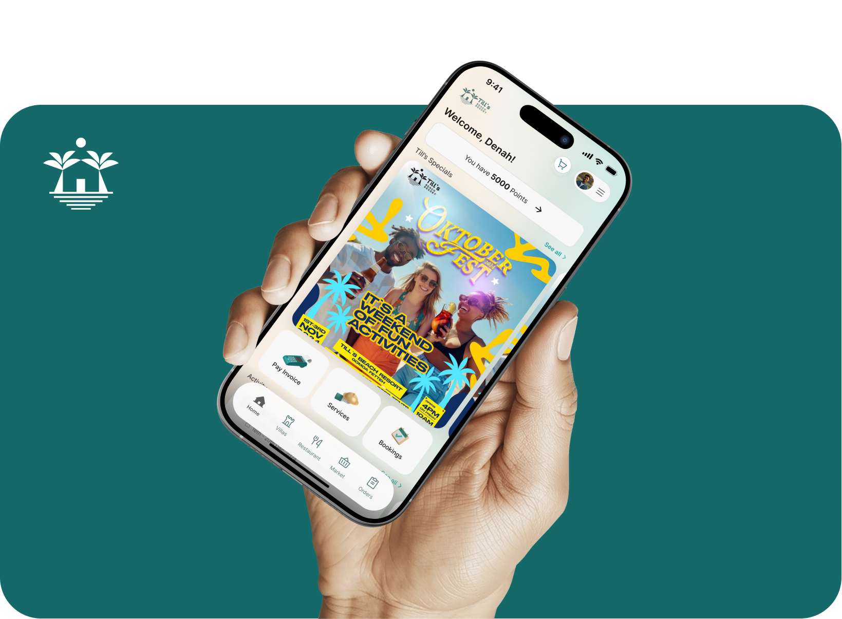 Till's Beach Resort, booking app shown on a phone